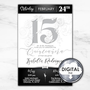 Editable Quinceañera Princess Birthday Digital Printable Invitation Black White Floral Elegant 6Q4T8