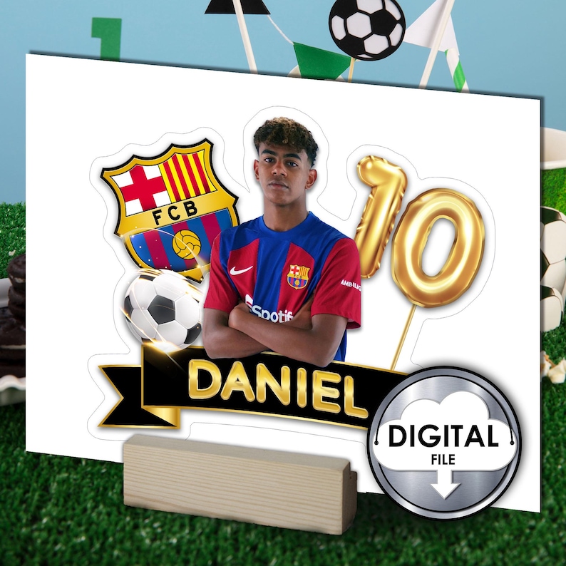 May include: A printable digital file featuring a soccer player wearing a red and blue jersey with the FC Barcelona logo. The player is holding a soccer ball and the number 10 is displayed in gold balloons. The text "DANIEL" is written in gold letters on a black ribbon. The text "DIGITAL FILE" is displayed in a silver circle with a download arrow.