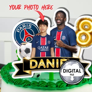 Decorazione per torta di compleanno personalizzata con pallone da calcio Francia Dembélé con nome, età e foto, stampabile digitale H37PM, festa per bambini