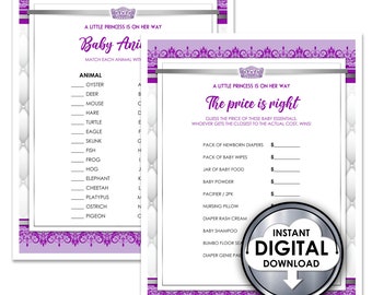 A Little Princess Royal Baby Shower Printable Games Purple Lavender Silver Gray - Instant Download QYN15