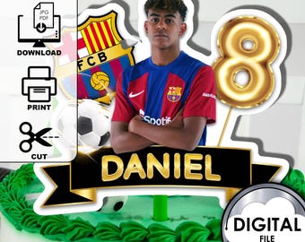 Decoración para tarta de cumpleaños de Yamal con lámina de fútbol personalizada con nombre y edad, imprimible digitalmente, 1T30D, fiesta infantil P84LY
