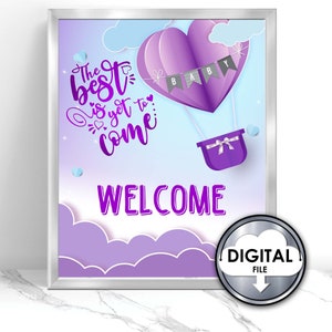 Het beste moet nog komen Babyshower 9 Tafelborden Tentkaarten Dessertcadeaus. BTS geïnspireerd paarse heteluchtballon 8x10 Instant Download IW5T4A