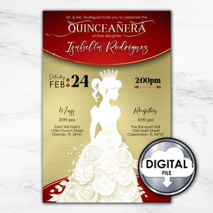 Editable Quinceañera Princess Birthday Digital Printable Invitation Red White Floral Elegant 91GVG