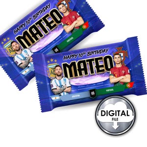 May include: A digital printable design for a chocolate bar wrapper featuring a soccer theme. The wrapper is blue with a purple gradient and features images of Lionel Messi and Cristiano Ronaldo. The text "HAPPY 10TH BIRTHDAY MATEO" is printed in gold letters.