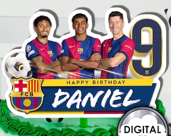 Gepersonaliseerde voetbal voetbal Lamine Yamal Raphinha Lewandowski verjaardagstaart decoratie topper naam leeftijd digitale afdrukbare kinderfeest P84LY
