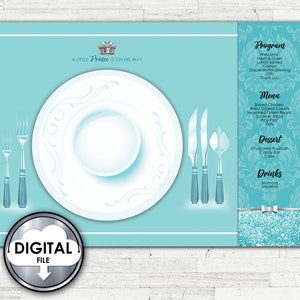Bearbeitbare druckbare Ein kleiner Prinz Baby Shower Digitales Tischset Menü Programm Petrol Silber Größe 11x17 22W63R