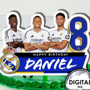 Decorazione per torta di compleanno personalizzata con pallone da calcio Mbappe Bellingham Vini Jr Vinicius, nome età, stampabile digitale 72YQT