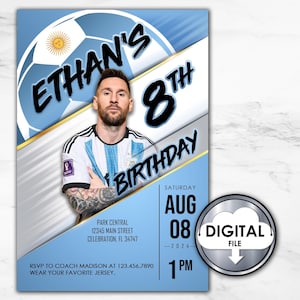 Invitation personnalisée de fête d'anniversaire de football Argentine Messi, impression numérique 6Q2C8, fête d'enfants personnalisée