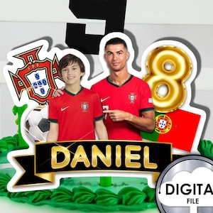 Decoração de bolo de aniversário personalizada de futebol Cristiano Ronaldo com foto, nome, idade, impressão digital 1T30D, festa CR7 vermelho