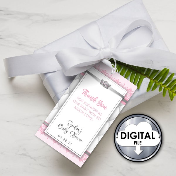 Editable A Little Princess Royal Baby Shower Digital Gift Tag Pink Damask Gray Silver Tiara Size 2 x 3.5 H8Z1D6
