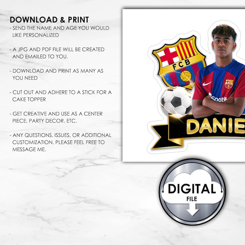 May include: A digital file for a cake topper featuring a soccer player wearing a red and blue jersey with the text "FCB" and "Spotify" on it. The player is standing in front of a soccer ball and a banner with the text "DANIE" in gold letters. The image also includes a silver button with the text "DIGITAL FILE".