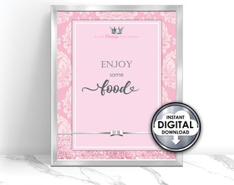 A Little Princess Baby Shower Table Sign Tent Card Food Pink Silver Glitter Damask 8x10 - Instant Download 35R903