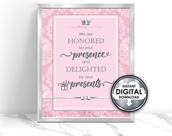 A Little Princess Baby Shower Table Sign Tent Card Gifts Presents Pink Silver Glitter Damask 8x10 - Instant Download 35R903