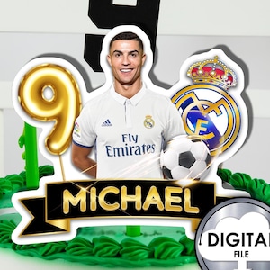 Topper personalizzato per decorazione torta di compleanno di Cristiano Ronaldo, calcio, calcio, con nome ed età, stampabile digitale 1T30D, festa per bambini CR7