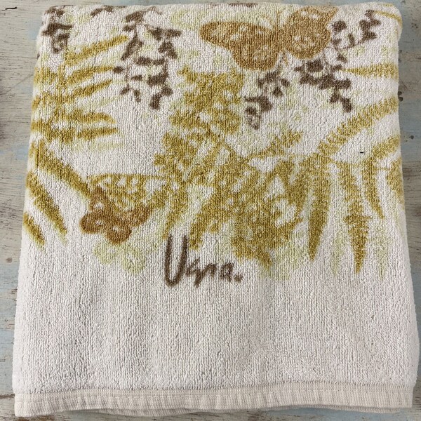 Vintage VERA Neumann Bath Towel Burlington Fern Butterfly Beige Yellow