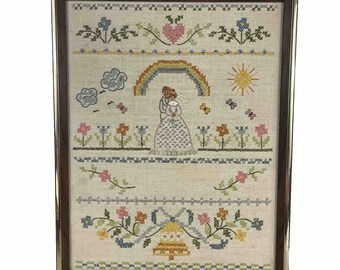 Wedding Finished Framed Cross Stitch Gift Anniversary Bride & Groom Couple 15x12