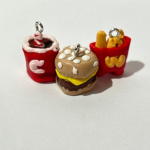 Hamburger and drink and french fries as 3D charms 1” clay figurine glazed