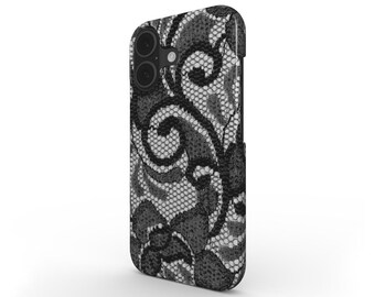 Funda para teléfono con estampado de encaje: fina, con cierre a presión y acabado brillante.