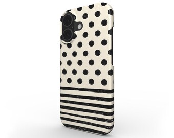 Funda para teléfono con estampado de lunares y rayas: fina, con cierre a presión y acabado brillante.