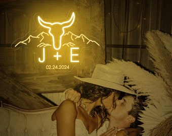Minimalist Wedding Initials Neon Sign: Bull Head Cowboy Decor