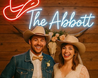 Custom Western Wedding Neon Sign: Cowboy Hat, Last Name Decor