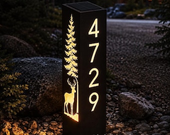 Custom Metal Address Column With Icons,Metal Address Sign for House,Solar Modern Metal Address Plaque,Metal Sign for Yard, Housewarming Gift