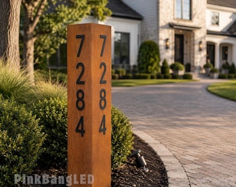 Custom Metal Address Column Sign, Metal Address Sign for House, Rustic Steel Vertical House Number Sign, 3D Street Number Sign