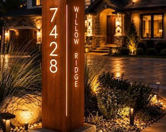 Custom RGB Metal Address Column, Metal Address Sign for House, Solar Modern Metal Address Plaque, Metal Sign for Yard, Housewarming Gift