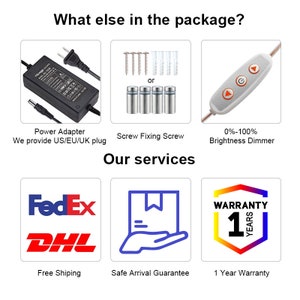 May include: A product package includes a power adapter, screws, a dimmer switch, free shipping, a safe arrival guarantee, and a one-year warranty.