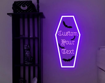 Custom Coffin Neon Sign: Gothic Wedding Decor, Dark Art Bat Decor