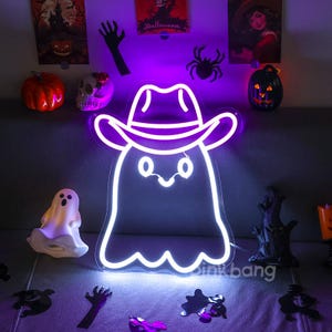 Ghost with cowboy hat neon sign,Cowboy ghost sign,Ghost West Wall Art,Cute Western Halloween,halloween christmas, Back to School Gift