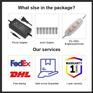 May include: A collage of images showing the contents of a package, including a power adapter, screws, a dimmer switch, and logos for FedEx, DHL, and a 1-year warranty.