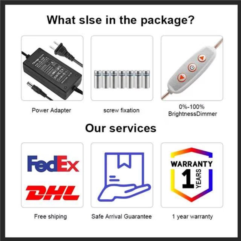 May include: A collage of images showing the contents of a package, including a power adapter, screws, a dimmer switch, and logos for FedEx, DHL, and a 1-year warranty.