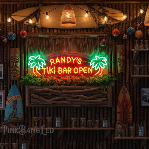 Tiki Bar Open Neon Sign: Retro Tropical Decor, Personalized Tiki