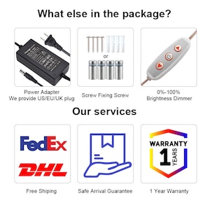 May include: A product package includes a power adapter, screws, a dimmer switch, free shipping, a safe arrival guarantee, and a one-year warranty.