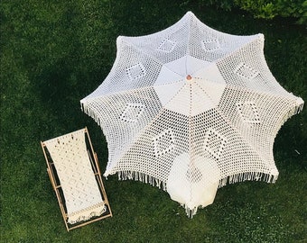 Macrame Umbrella hecho de madera de haya, Macrame Beach Umbrella, Con marco de paraguas, sombrilla de playa con flecos beige, Boho Style Macrame Umbrella