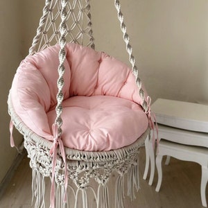 Pink cushioned macrame swing, Hanging Chair, Swing Chair, Macrame Round Swing, Hanging Cotto Macrame Hammock Chair, Macrame Swing Chair