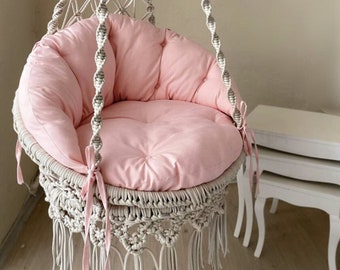 Pink Cushioned Macrame Hanging Swing Chair