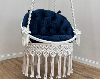 Silla hamaca de macramé, columpio redondo de macramé, silla hamaca colgante de macramé de algodón, silla columpio de macramé, columpio de macramé hecho a mano