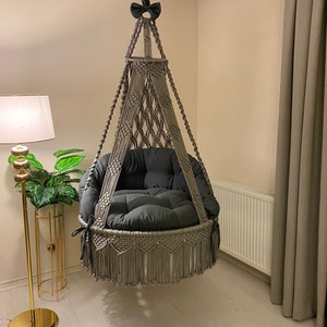 Macrame Hanging Chair, Macrame Porch rocking swing, Hammock Chair, Macrame Round Swing, Hanging Cotton Macrame Hammock Chair