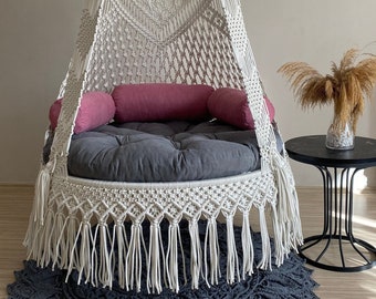 Hanging Macrame Swing Hammock with Colorful Cushions | Cotton Macrame Hanging Swing For Patio | Macrame Chair For Indoor and Outdoor