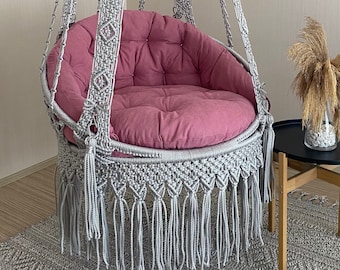 Macrame Hanging Chair, Macrame Porch rocking swing, Hammock Chair, Macrame Round Swing, Hanging Cotton Macrame Hammock Chair