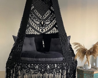 Black Macrame Hanging Swing Chair: Indoor Outdoor Decor