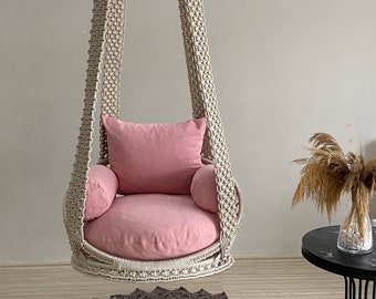 Pink cushioned macrame swing 25 colors, Hanging Chair, Hängesessel, Macrame Rocking Swing Chair, hanging chair indoor, chair hanging indoor