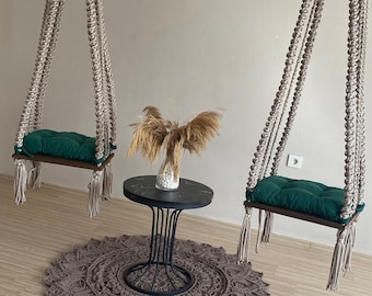 Macrame Tree Swing, Columpio de cuerda de madera, Columpio de árbol para adultos pintado de roble macizo, Columpio al aire libre, Columpio de patio trasero, Columpio de banco de madera, Columpio de boda