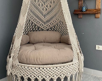 Brown Cotton Macrame Swing, Hanging Chair, Hängesessel, Swing Chair, Macrame Rocking Swing Chair, hanging chair indoor, chair hanging indoor