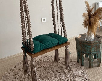 Columpio de árbol vintage, Columpio de cuerda de madera, Columpio de árbol para adultos pintado de roble macizo, Columpio al aire libre, Columpio de patio trasero, Columpio de banco de madera, Columpio de boda