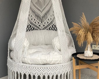 White Cotton Macrame Swing, Hanging Chair, Hängesessel, Swing