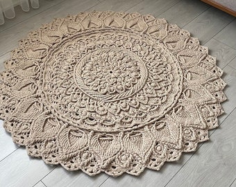 Natural Crochet Bath Mat, Crochet Round Rug, Knitted Carpet Rug, Macrame Rug, Beige Crochet Rug, Bath Mat, washable rug 100x100 / 120x120