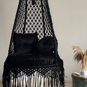 Black Cotton Macrame Swing, Hanging Chair, Hängesessel, Swing Chair, Macrame Rocking Swing Chair, hanging chair indoor, chair hanging indoor